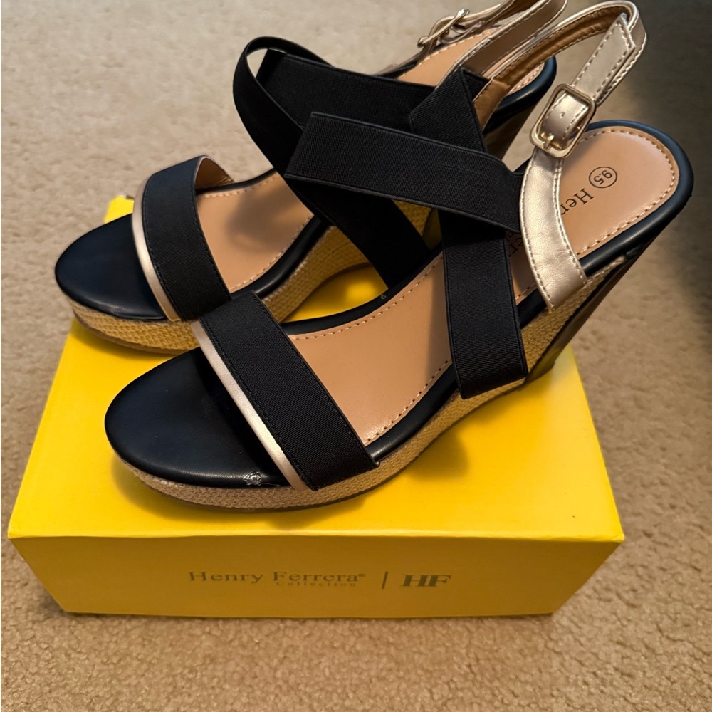 Henry Ferrera Black and Gold Wedge Shoes